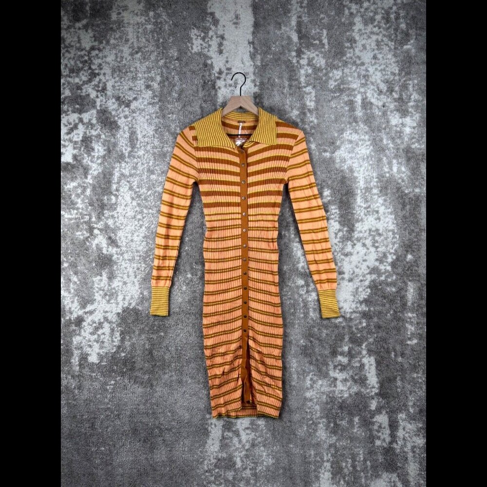 New Free People Dress XS Orange Bodycon Striped Knit Long Sleeve Button Stretch